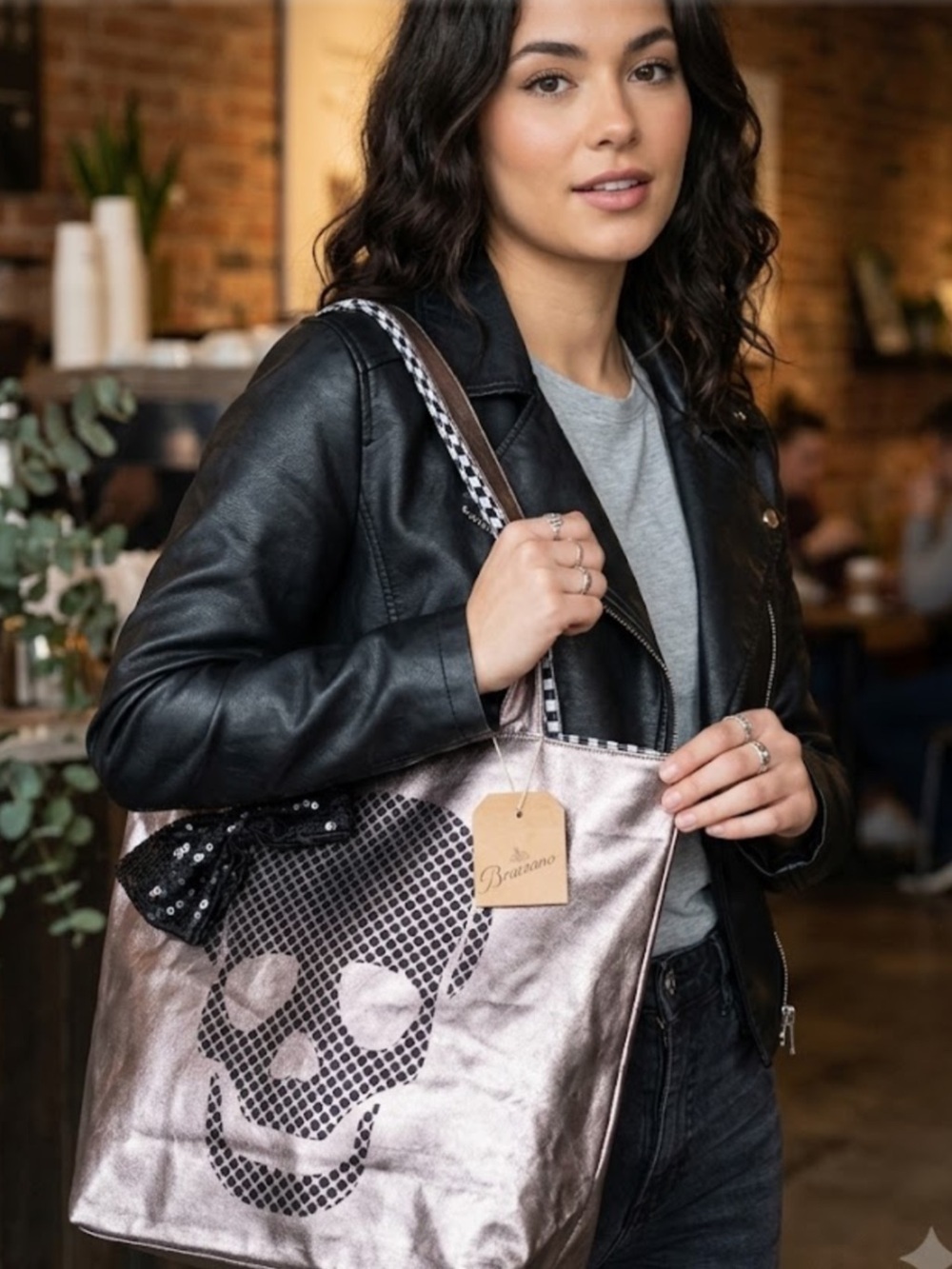 Braciano Metallic Rose Gold Skull Tote with Sequin Bow